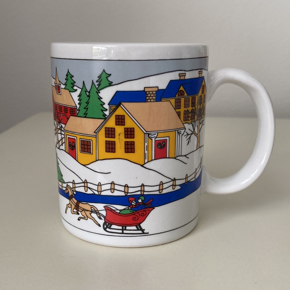Vintage Christmas Mug winter Village Horse Sleigh Christmas Tree Holiday Korea